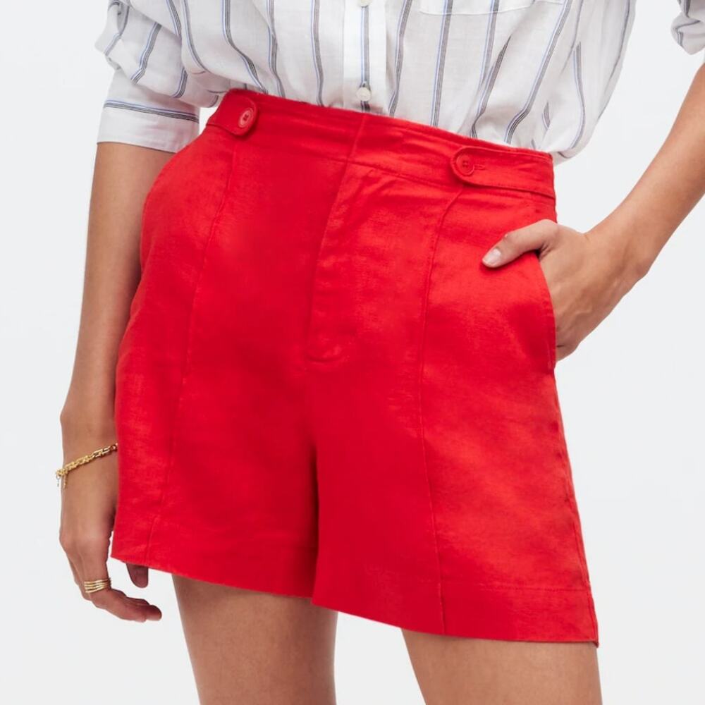 Madewell Button Tab Shorts 100% Linen High Rise Pintucked Button Tabs Red 6 - Picture 4 of 12